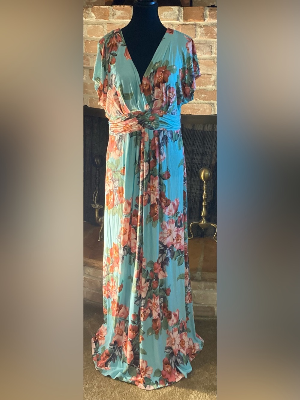 IMAN Aqua Floral Maxi Dress with Coral and Pink Blooms